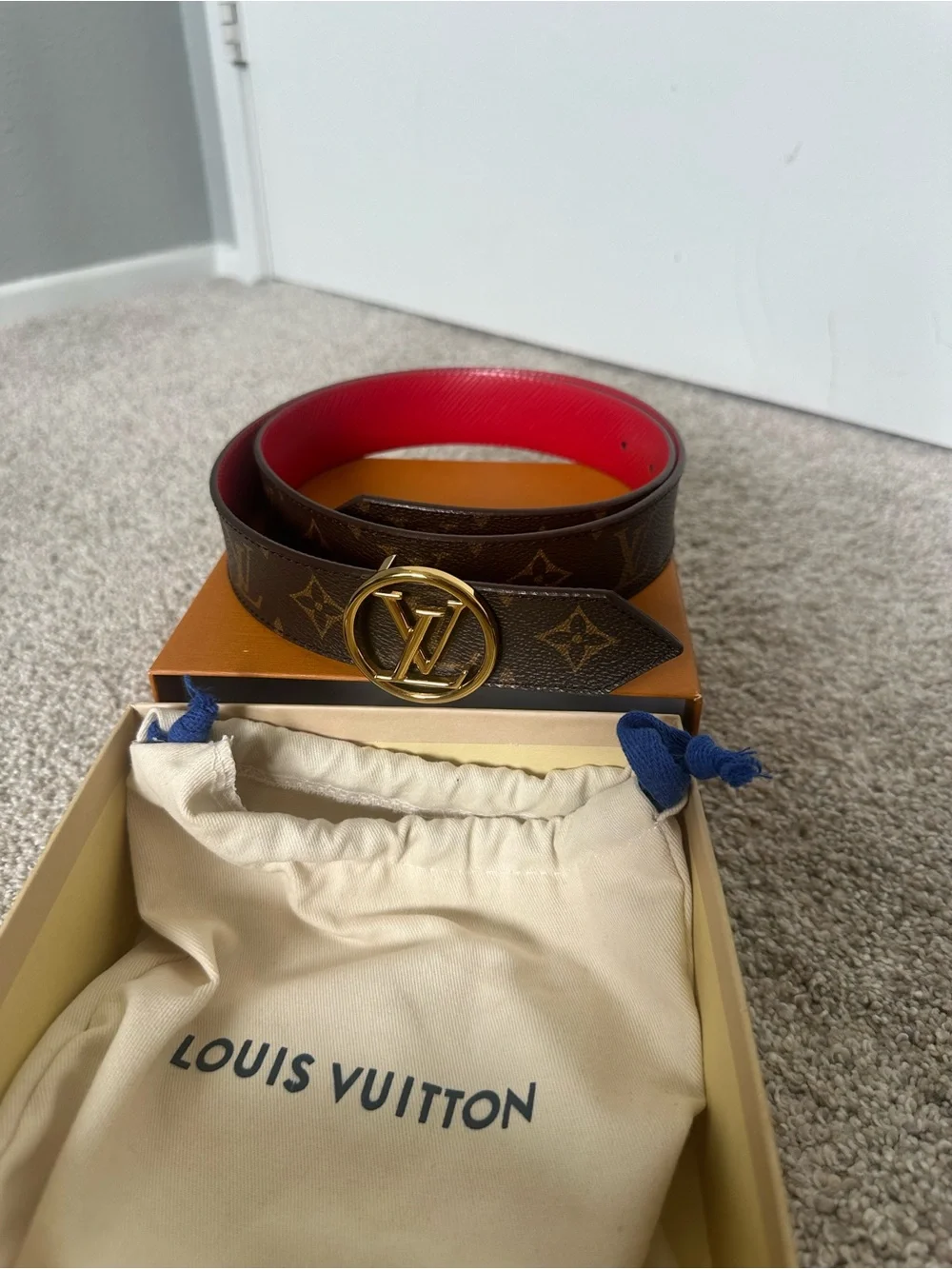 Louis Vuitton Monogram Belt with Red Interior and Gold LV Buckle